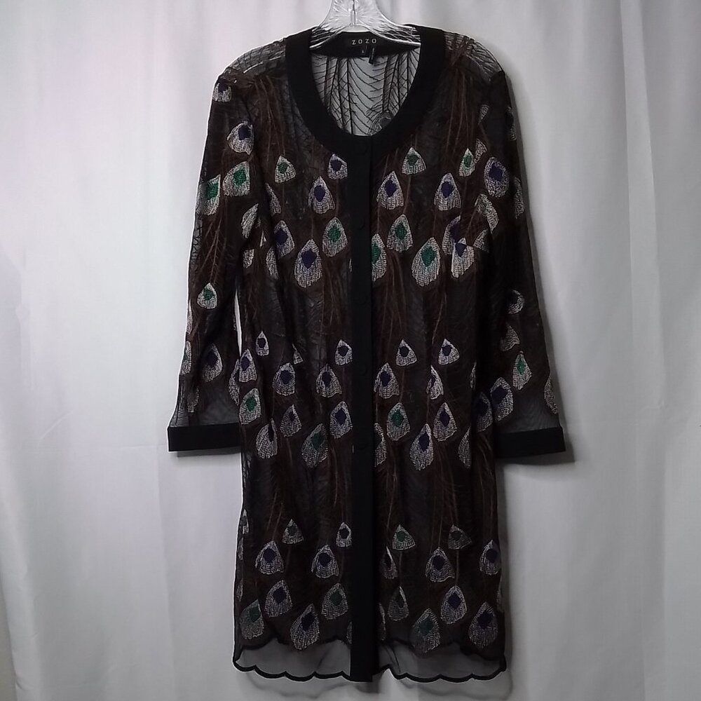 ZOZO SHEER MULTI-COLORED EMBRIODERED PEACOCK DESIGN BUTTON-DOWN SIZE L